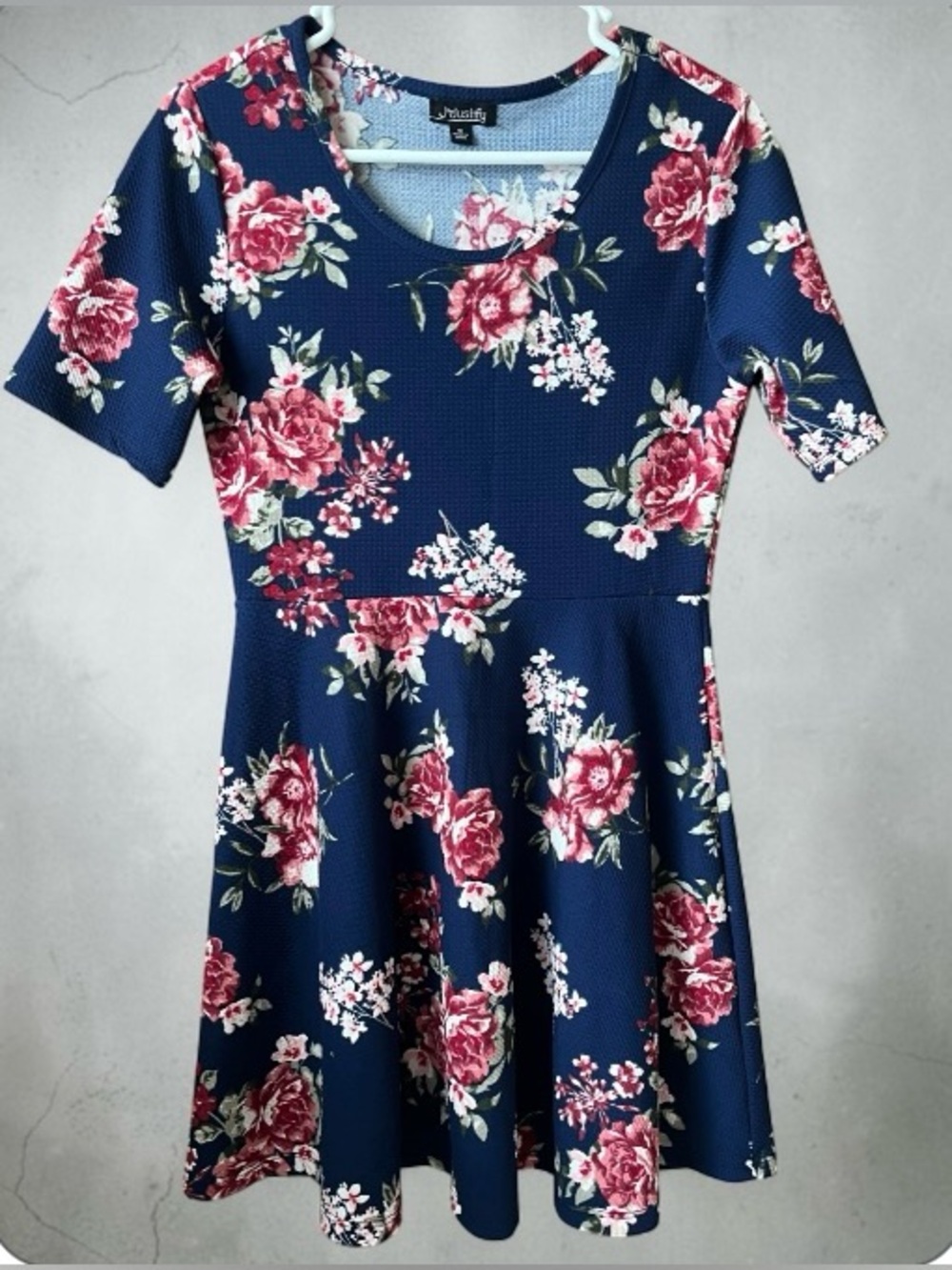 Navy Floral Fit & Flare Dress with Pink Roses by J for Justify - Picture 1 of 9